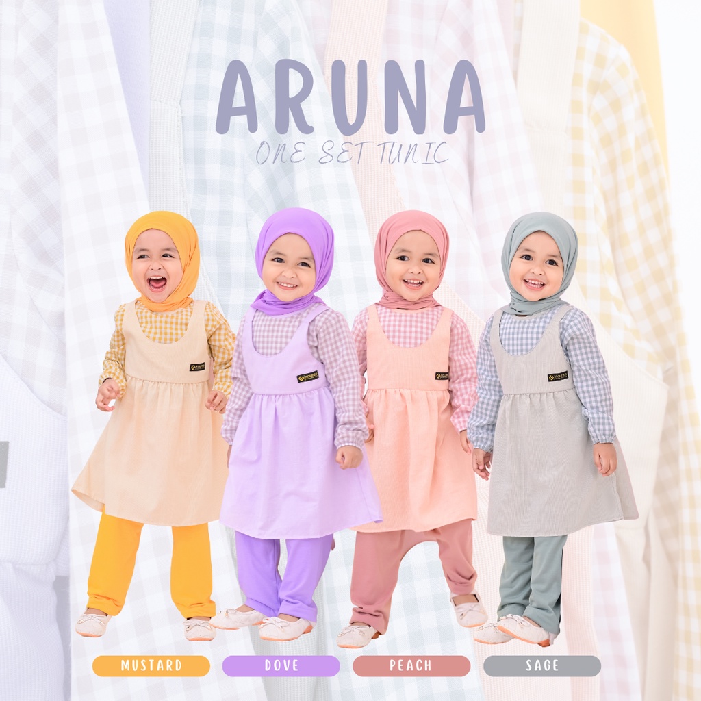 Nauree - Setelan Tunik Aruna One Set Dress Anak Perempuan Dress Panjang Atasan dan Celana Umur 1 2 3 4 5 6 7 8 Tahun Bahan Rayon Import Kualitas Premium Soft Polyester Motif Polos Plus Kerudung Dingin Nyaman Warna Cantik