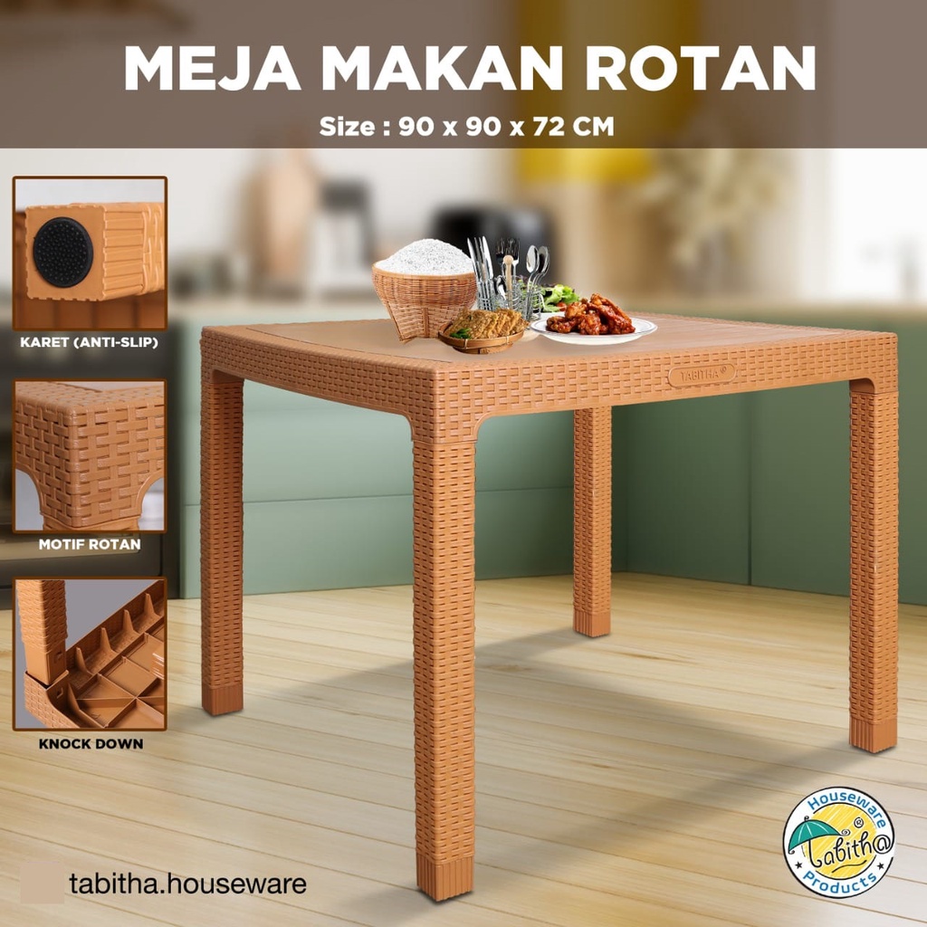 Meja makan Rotan Tabitha / MMRT TABITHA / Meja Cafe / Meja Restoran / Meja Makan Plastik Minimalis Motif Rotan