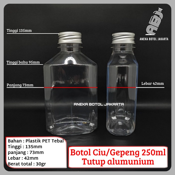 Botol gepeng 250 ml tebal tutup alumunium / Botol ciu 250 ml tebal tutup alumunium