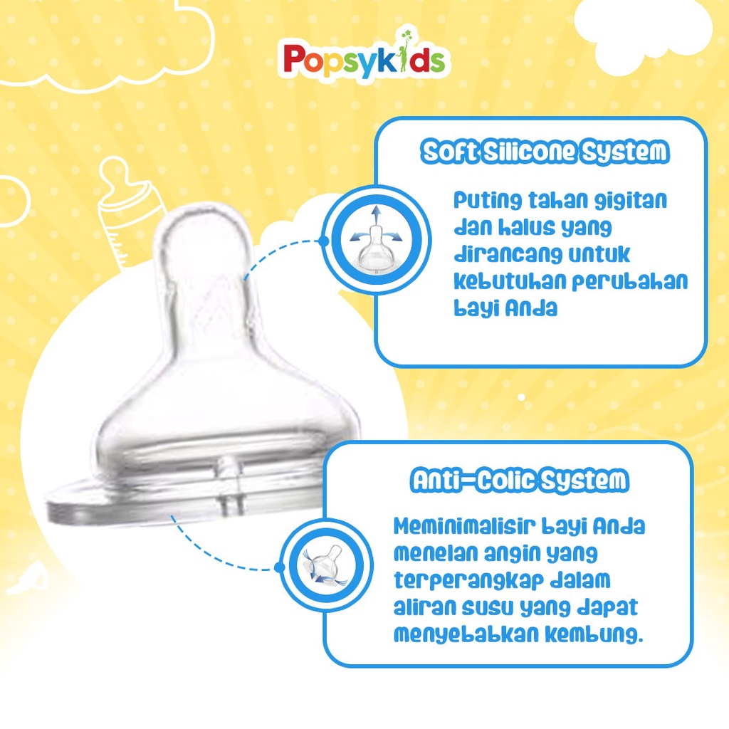 Popsykids Wide Neck Classic Milk Bottle | Botol Susu Bayi 120ml / 240ml Wide Neck BPA Free Anti-Colic Soft Silicone Nipple