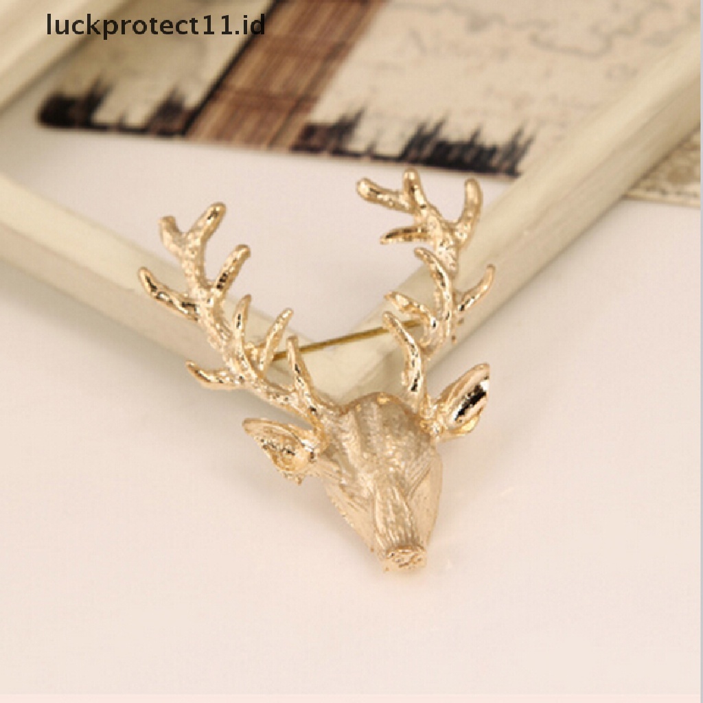 /Fashion Hot// Fashion// Unisex Hewan Bros Pin Lucu Berlapis Emas Tanduk Rusa Kepala Kerah Pin Brooch.