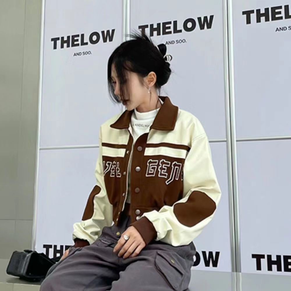 American Retro Gaya Jalan Jaket Baseball Wanita Wol PU Kulit Pendek Bersulam Patchwork Top