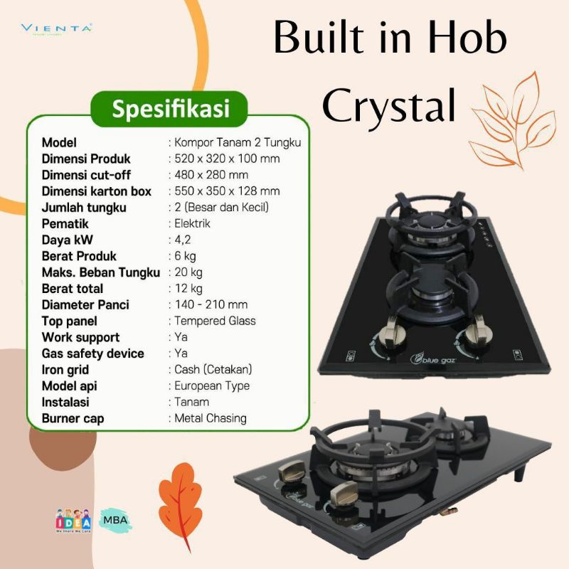 Built in Hob Crystal Kompor Tanam Blue gas 2 tungku garansi resmi