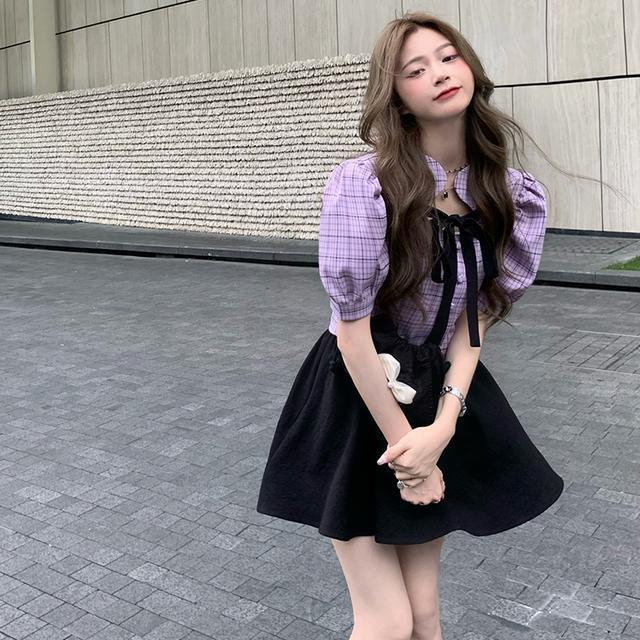 Suhao one-piece suit eye-catching~Purple plaid puff sleeve bowknot short shirt + slim A-line fluffy skirt