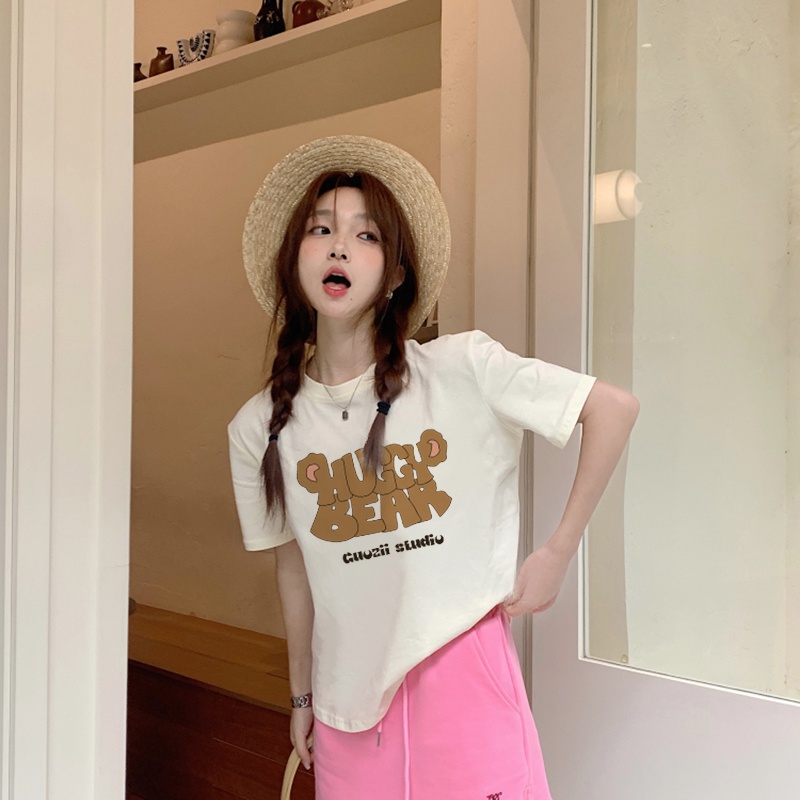 Print T-shirt Kaos Lengan Pendek Cartoon Bear Ears Atasan Wanita Oversize Korean Style