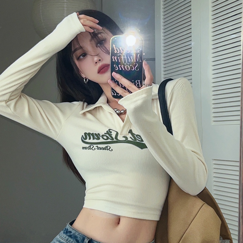 ☏⊙Suhao American Retro POLO Kerah Ketat T-shirt Wanita Musim Gugur Lengan Panjang Pendek Kemeja Jazz Dance Hot Girl Top Ins