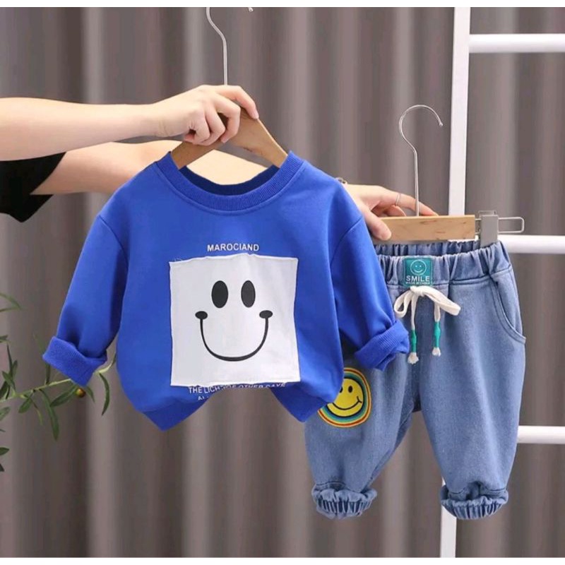 Setelan sweater celana jeasn anak laki laki perempuan motif smile usia 1 sampai 5 tahun setelan unisex pakaian anak setelan anak baju anak