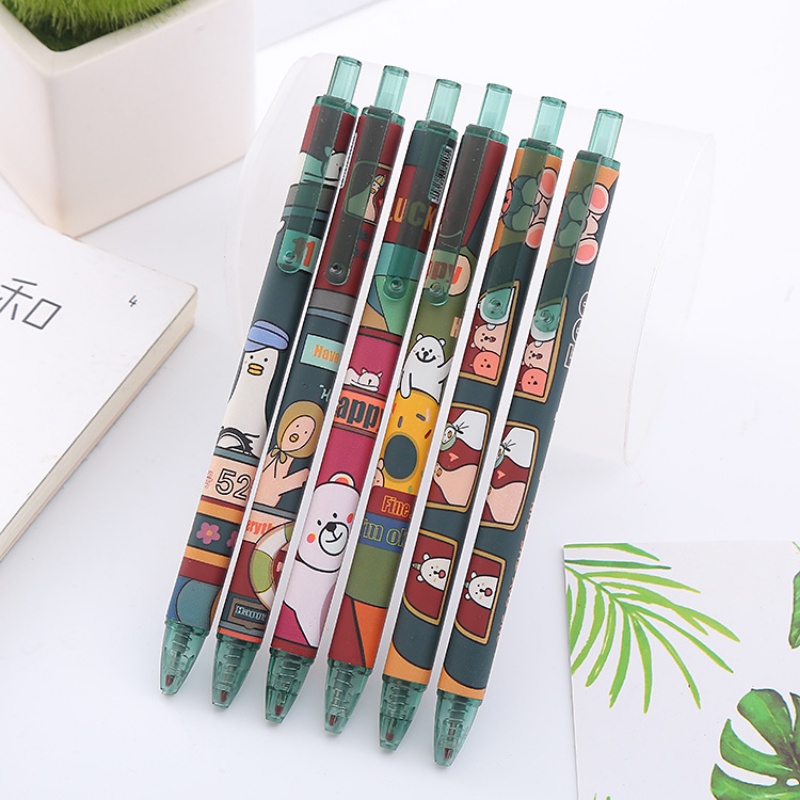 1pc Happy Bus Motif Kartun Hewan Press Pen 0.5 Peluru Hitam Gel Pulpen Sekolah Kantor Tulis Perlengkapan Alat Tulis