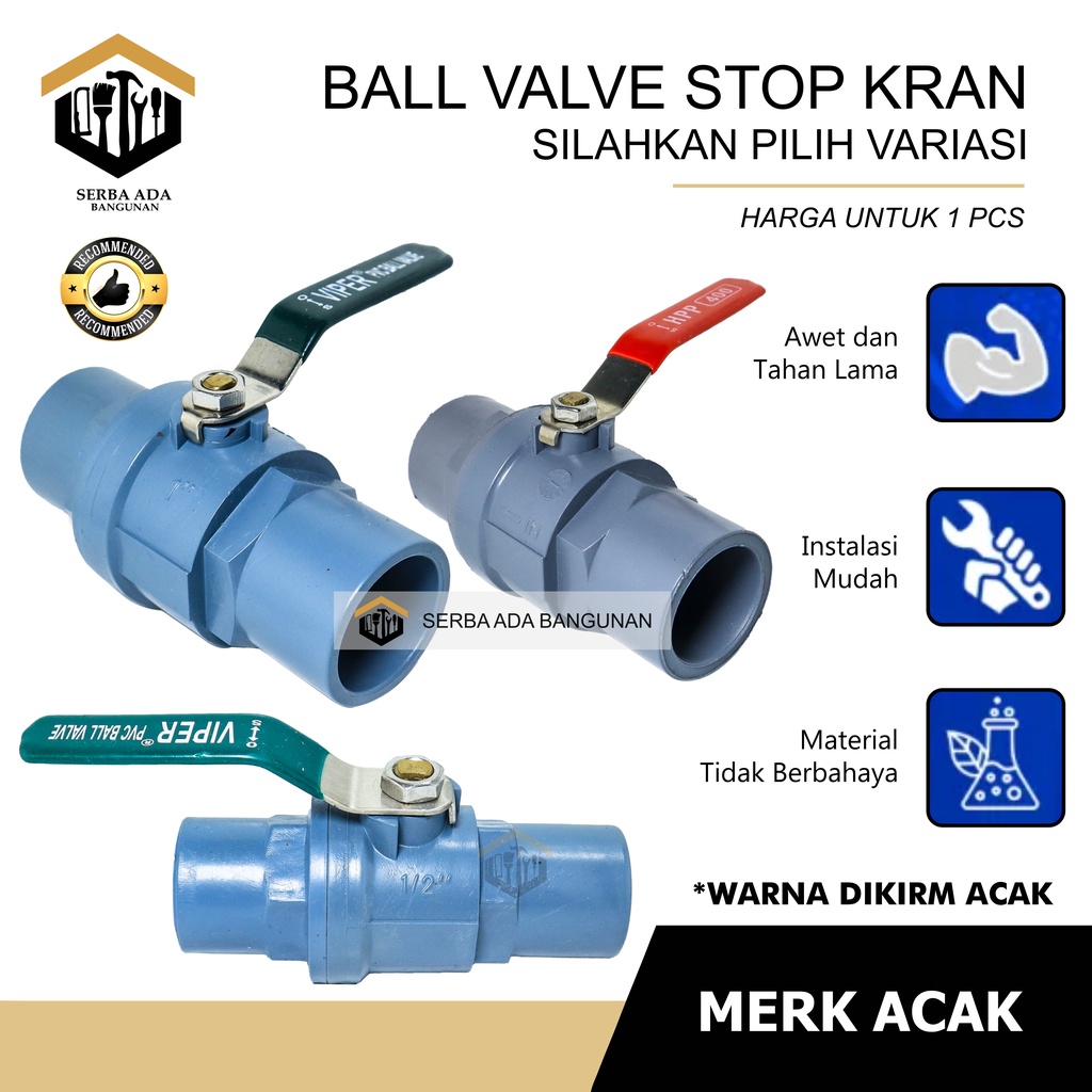 Ball Valve PVC Gagang Besi 1/2 Inci / Stop Kran Pipa Ballvalve PVC 1/2” / Stop Keran Gagang Besi / Plat 1/2