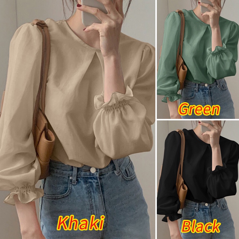 ZANZEA Women Korean Style Fashion Long Sleeve Solid Color O-Neck Sweet All-match Blouse