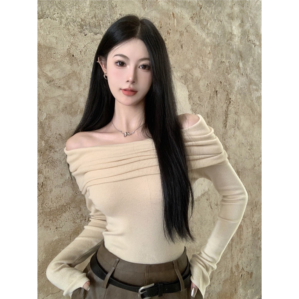 ☾✶Suhao one-shoulder rajutan sweater wanita musim gugur merah muda angin lembut bagian pendek slim slim off-shoulder lengan panjang bottoming shirt top