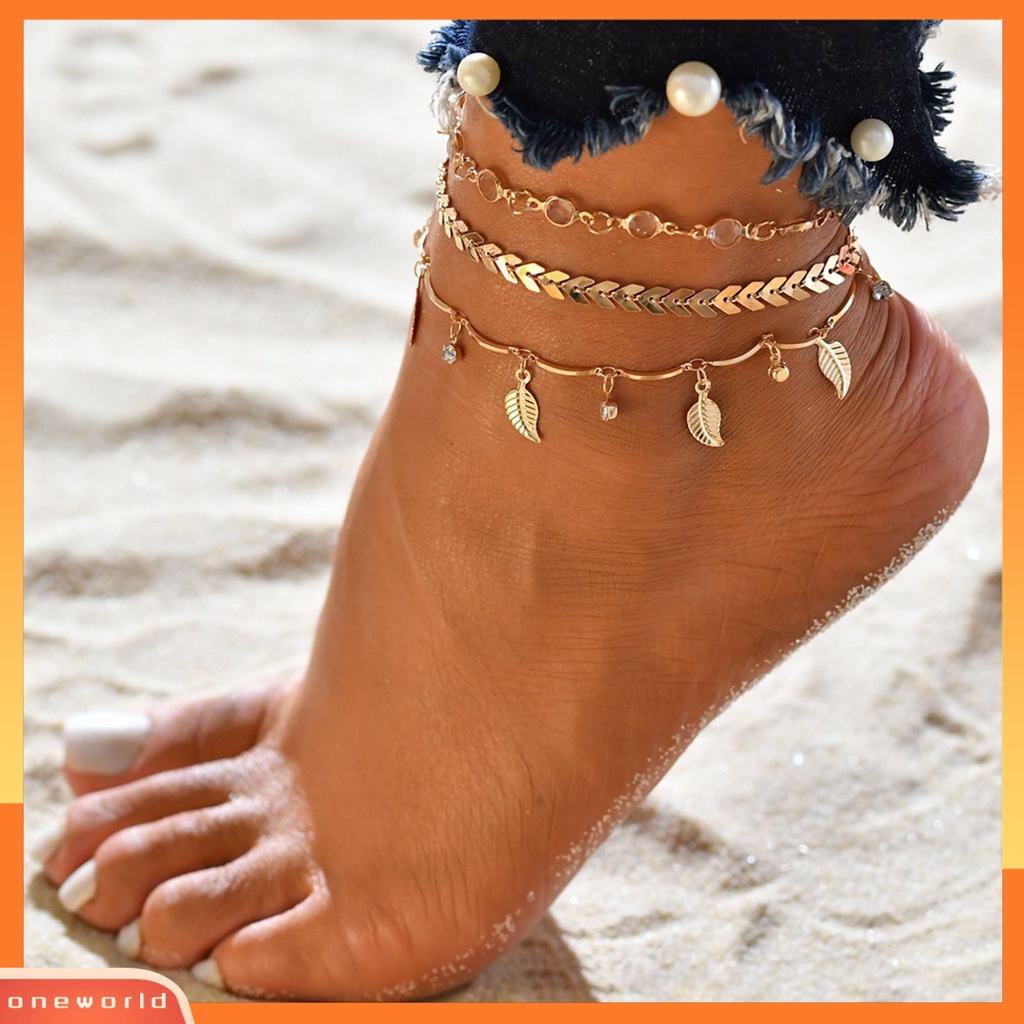 [WONE] Gelang Kaki Wanita Multilayer Perhiasan Daun Electroplating Faux Pearls Foot Bracelet Untuk Pantai