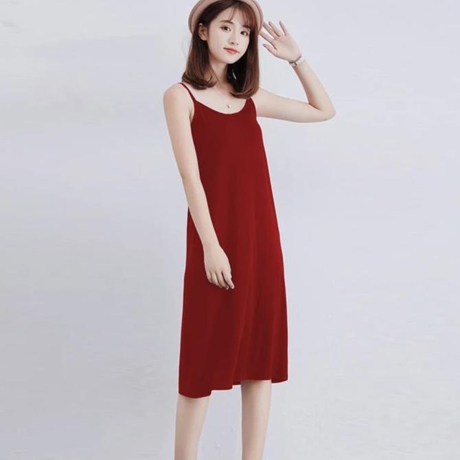 Midi Dress Camisoles Singlet Tali Kecil Gaya Korea - Jfashion Anggun - Tosca