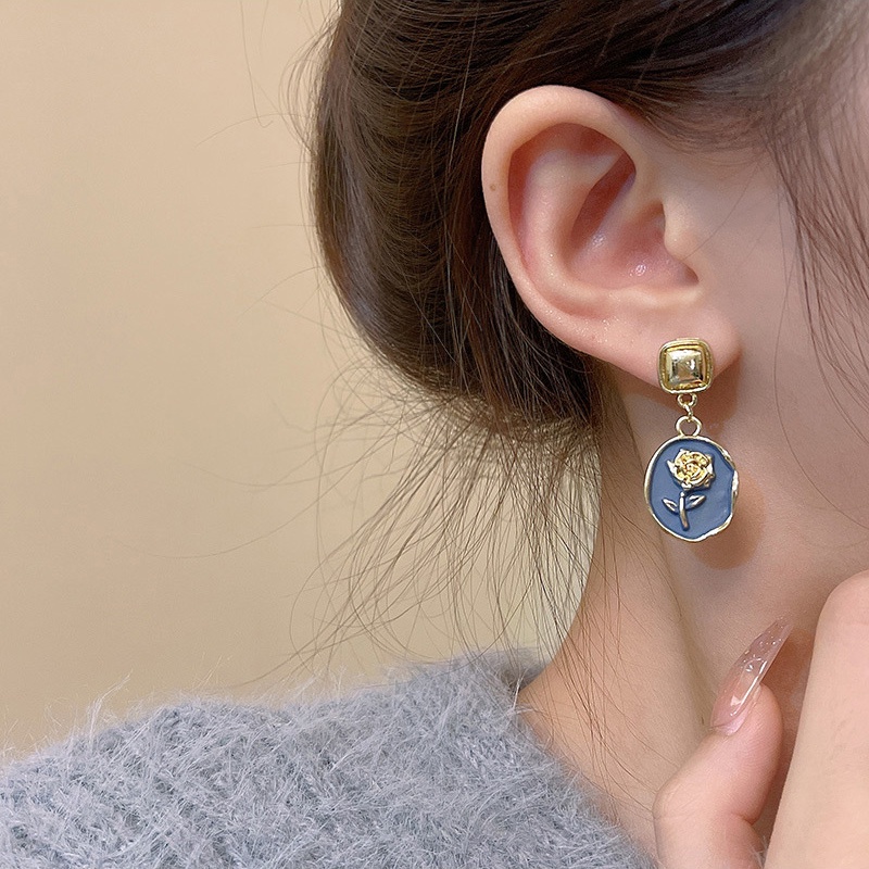 925jarum Perak Jarum Perancis Retro Biru Mawar Anting-Anting Perempuan Fashion Wanita Earrings