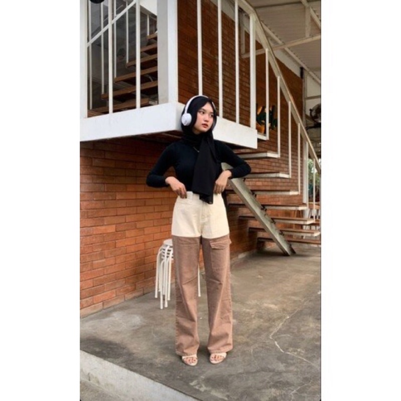 JEANS HIGHWAIST TWO TONE JEANS KULOT HIGHWAIST 2in1 ~JEANS CULLOTE HIGHWAIST WANITA 2 WARNA WANITA