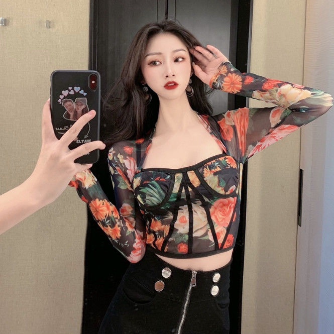 ✔☋Suhao Gaya Asing Bunga Jala Lengan Panjang Pendek Ramping Kerah Persegi Atasan Awal Musim Semi Baru All-Match See-Through bottoming T-shirt untuk Wanita