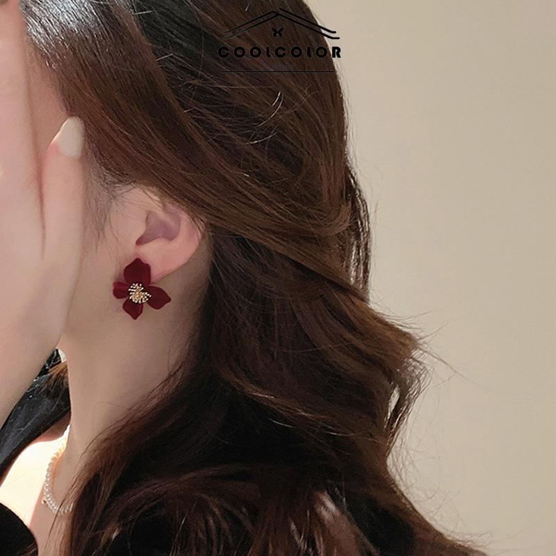 COD❤️Anting Bunga Velvet Earrings Stud Desain Bunga Bahan Velvet Untuk Musim Dingin Gaya Korea  Wanita Fashion Murah