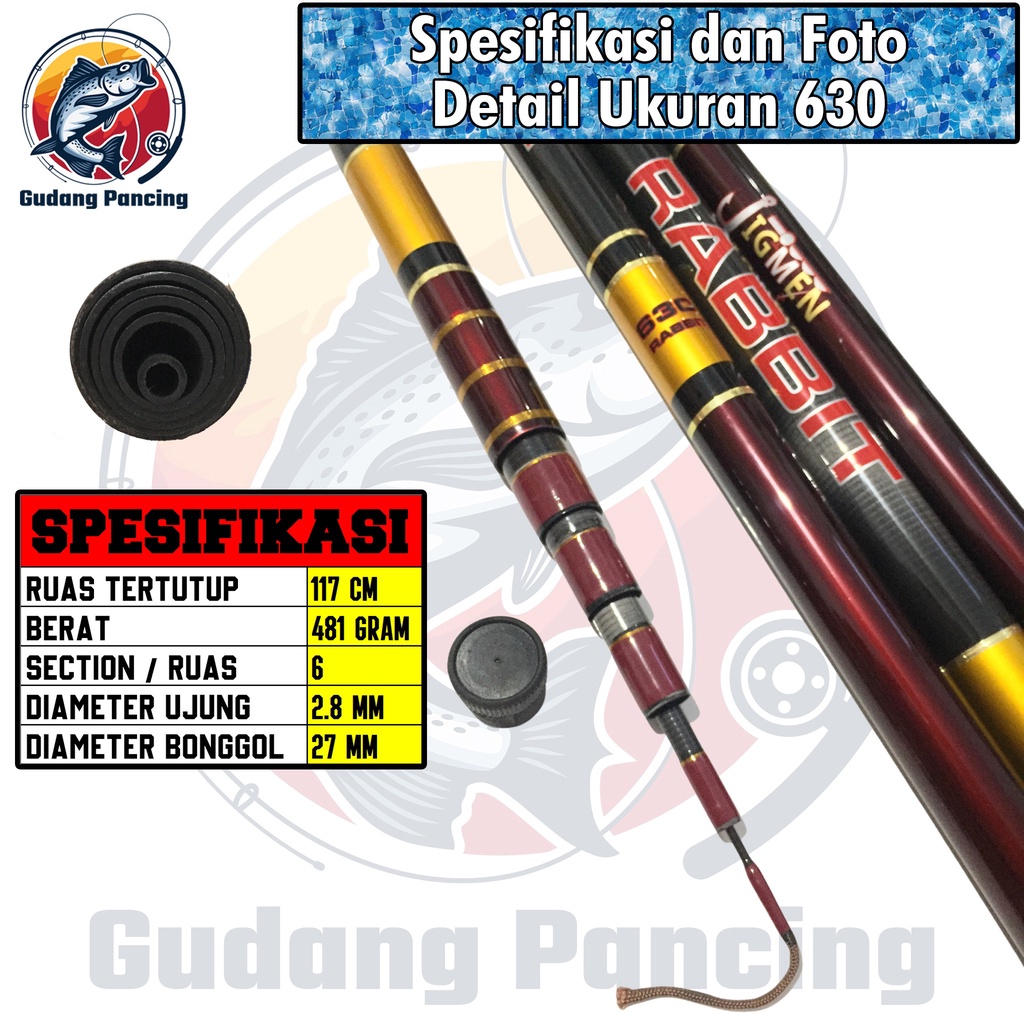 JIGMEN RABBIT Joran Tegek Kaku 10H Ukuran 450 540 630 Bahan Carbon Pole Tegeg ORIGINAL Untuk Pancing Baronang