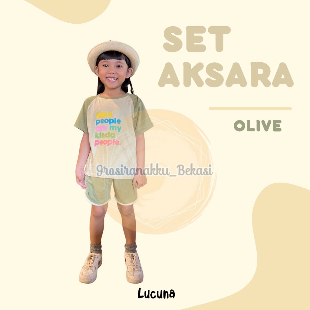 Setelan Anak Cewek Aksara Lucuna  Warna Olive Size 1-5 THN