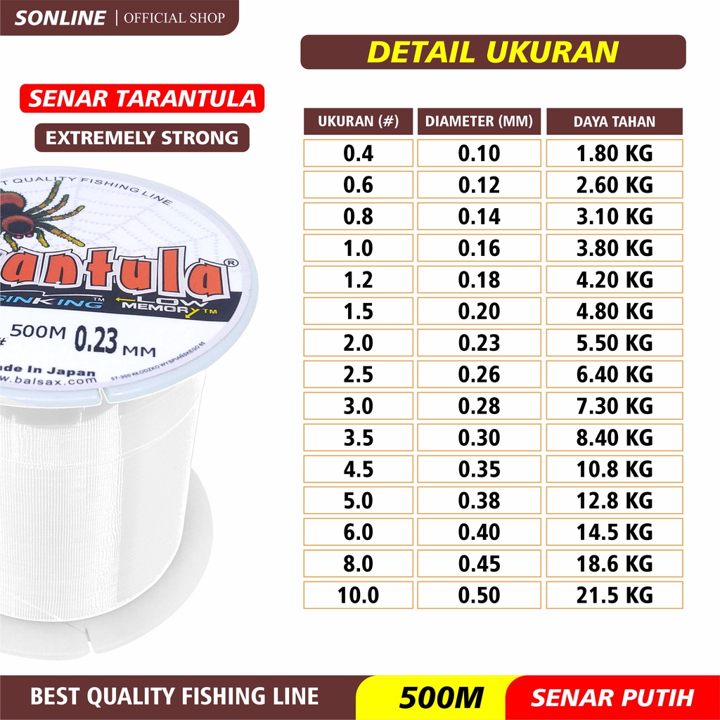 SONLINE Tali Pancing  500m Senar Pancing Tarantula Fishing Line Senar Kuat &amp; Tahan Bahan Nilon Impor