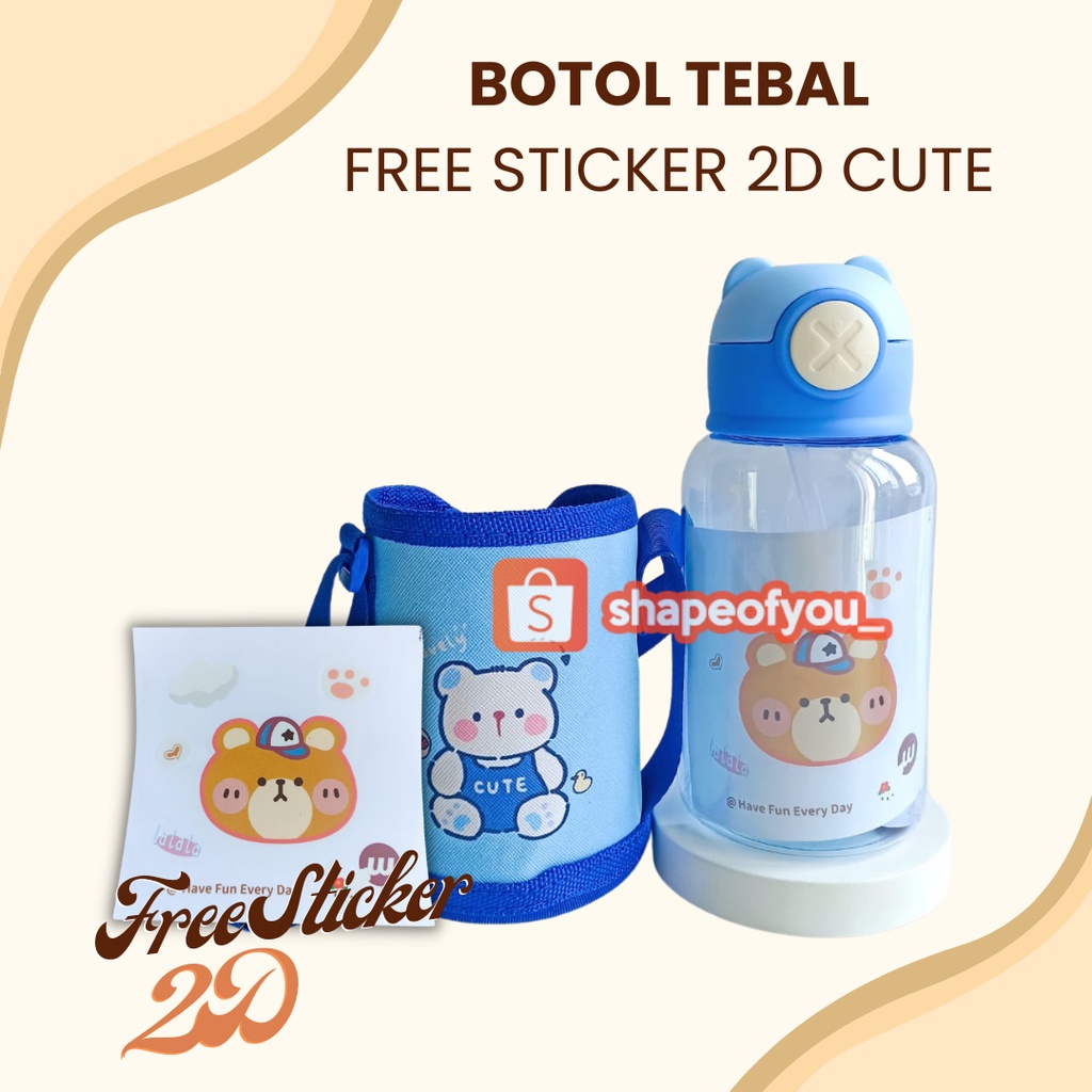 Botol Minum Anak Pouch Botol Anak Sedotan Tali Panjang 600ml Premium Bear Bottle Pink Biru