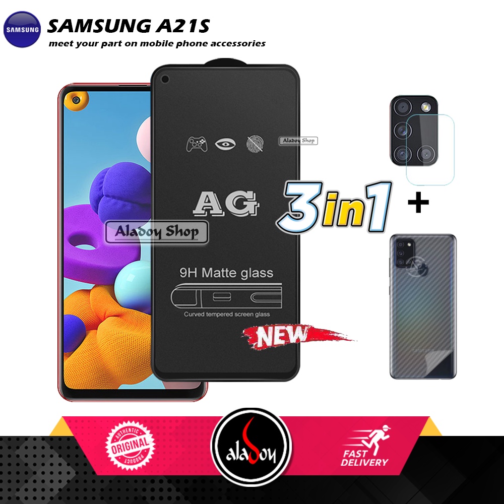 Paket 3IN1 Tempered Glass Layar Matte Anti Glare Samsung A21S Free Tempered Glass Camera dan Skin Carbon