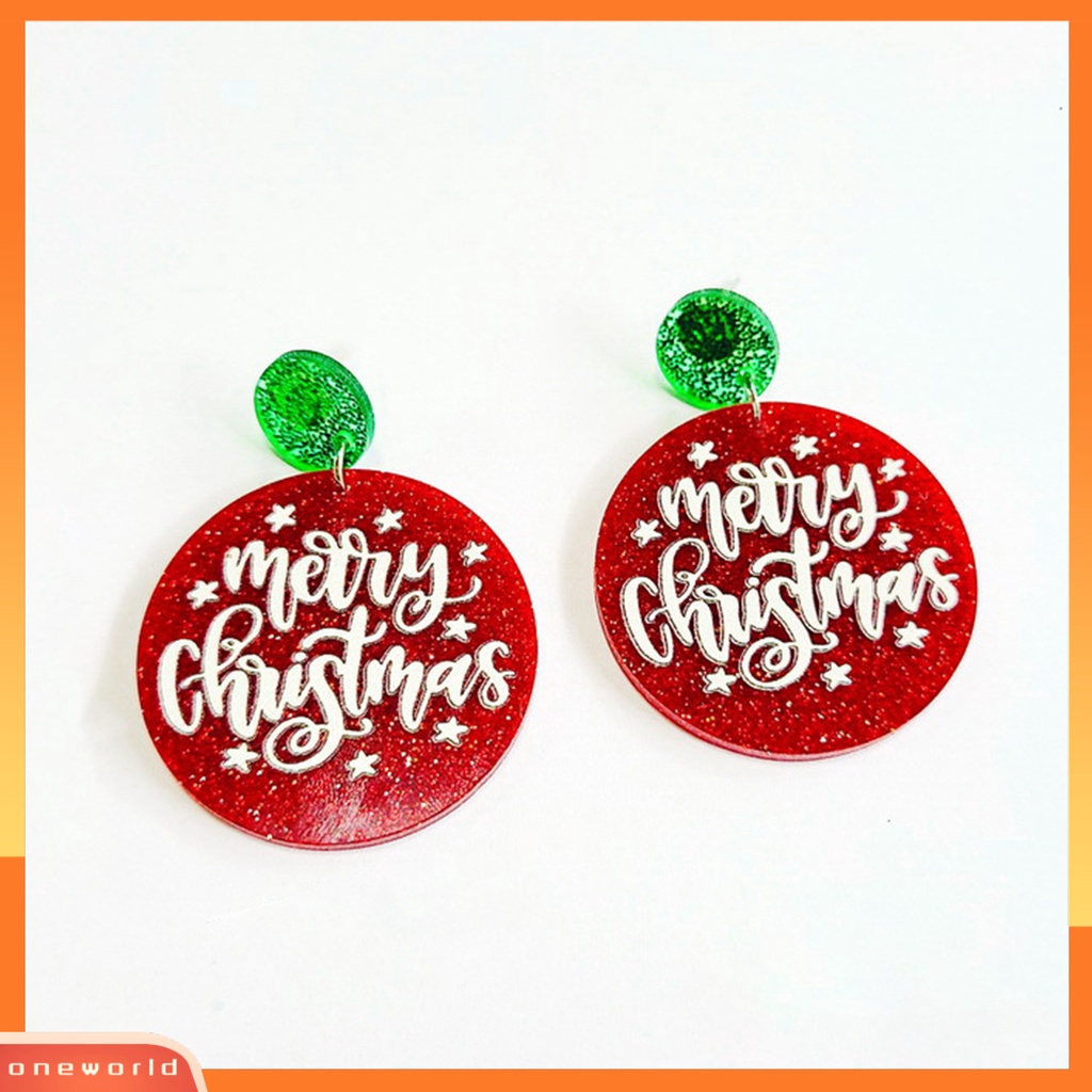 [WONE] 1pasang Anting Menjuntai Hias All-match Glittery Merry Christmas Geometrical Round Hoop Earrings Untuk Perjamuan