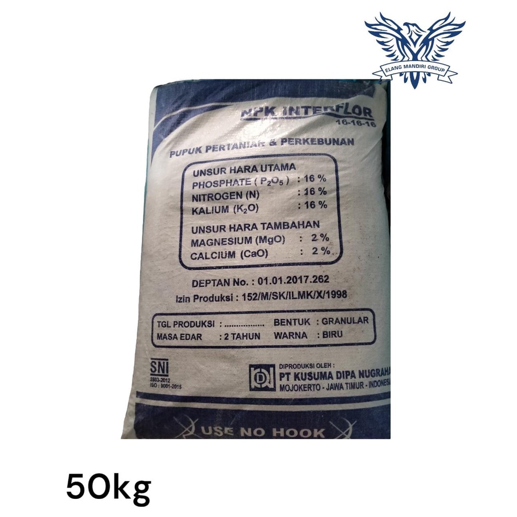 Pupuk NPK 16 16 16 INTERFLOR 50KG unsur hara makro primer Nitrogen (N) : 16% Fosfat (P2O5) : 16% Kalium (K20) : 16%