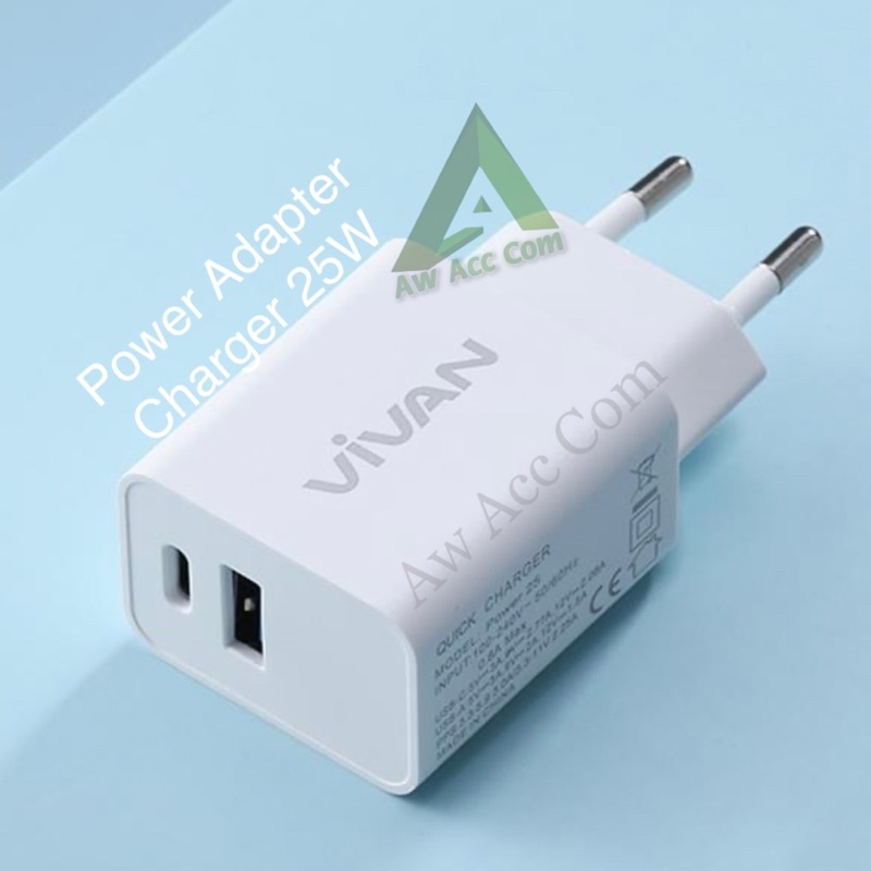 (VIVAN-25W) POWER ADAPTER CHARGER DUAL PORT USB A DAN USB C PD FAST CHARGING QC3.0 25 WATT S20/S21 FE/A33/A53/A72/M52/XR/11/12/13/PRO MAX