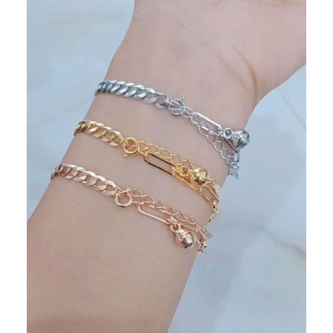 gelang rantai paperclip kombinasi sn +1 bel / gelang perak asli silver 925 lapis emas/ gelang fashion wanita terbaru