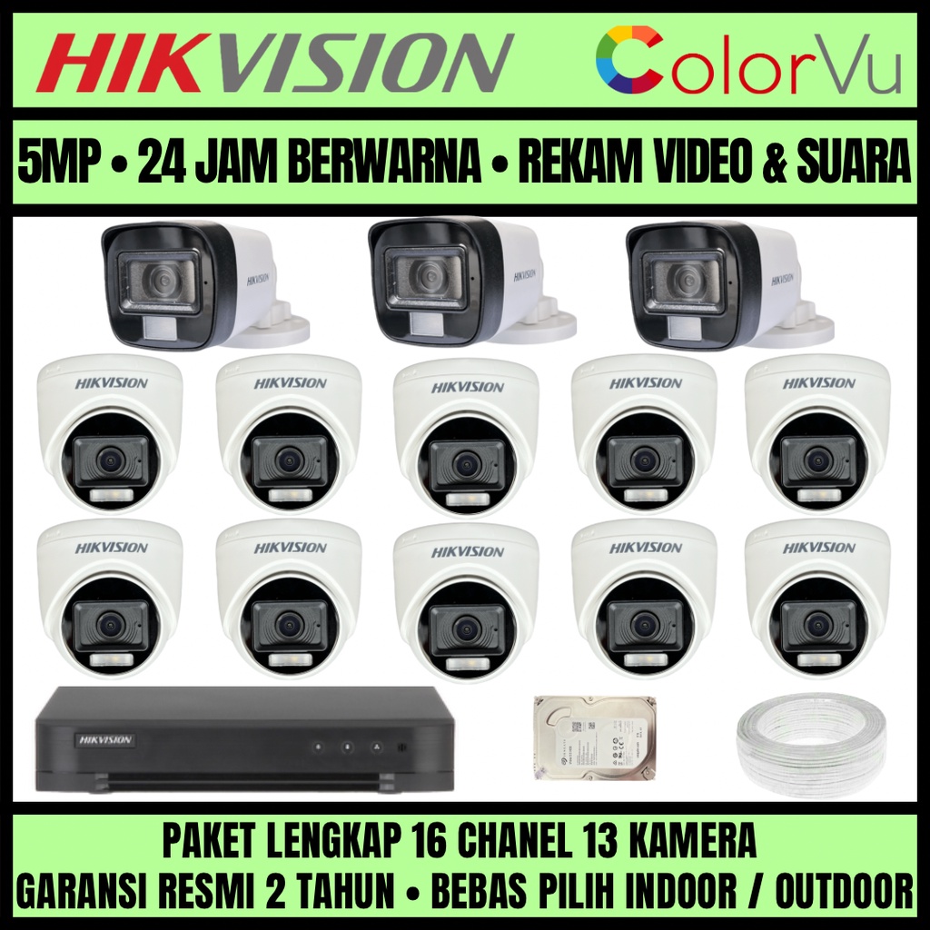 PAKET CCTV HIKVISION COLORVU 3K 5MP 16 CHANNEL 13 CAMERA KAMERA CCTV COLROFUL