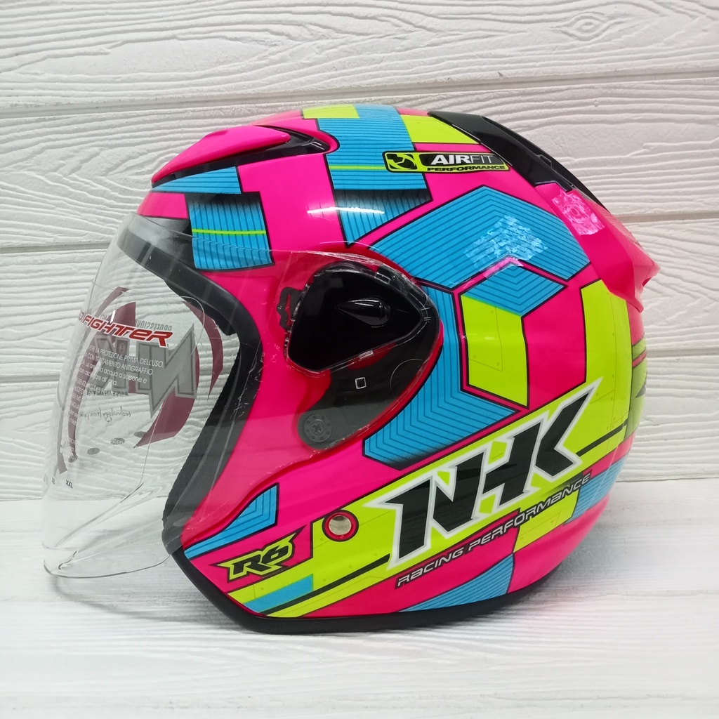 HELM NHK R6 MOTIF CUBE PINK FLOU STABILO BIRU KUNING HALF FACE