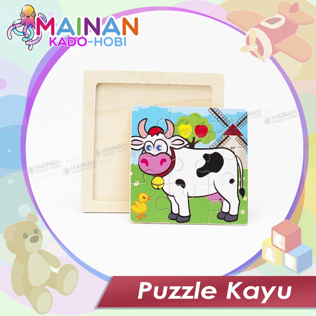 WOODEN PUZZLE TOYS MAINAN ANAK SUSUN PUZZLE MOTIF KARAKTER HEWAN COW SAPI