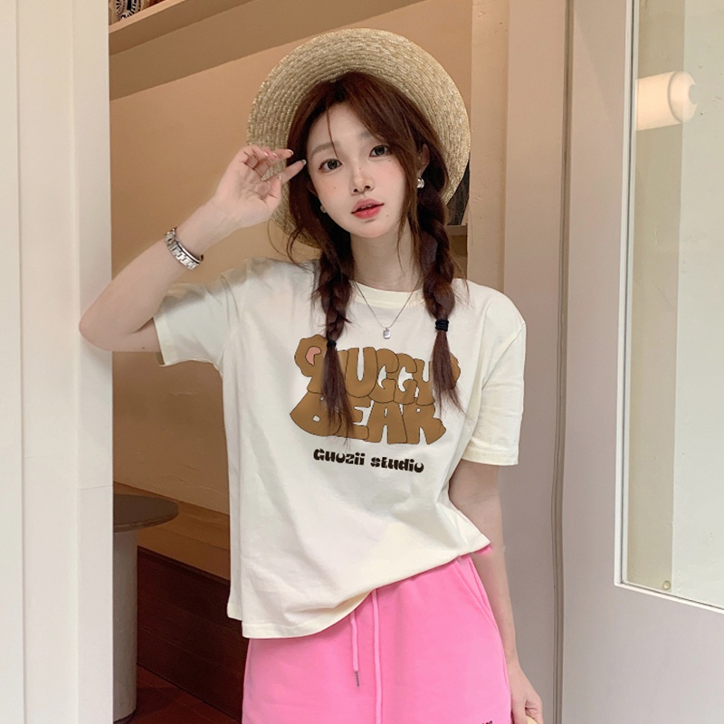 Print T-shirt Kaos Lengan Pendek Cartoon Bear Ears Atasan Wanita Oversize Korean Style
