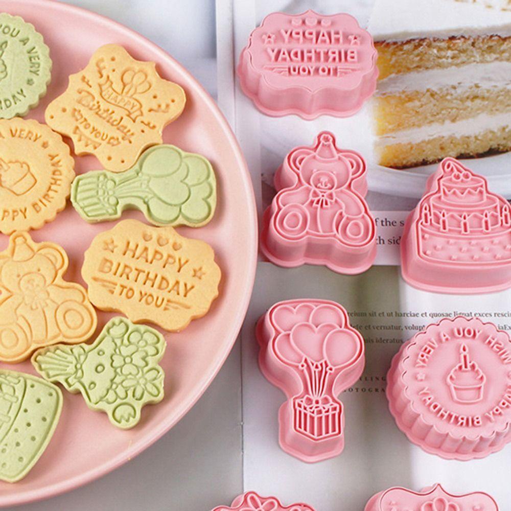 Solighter 8 Pcs/set 3D Happy Birthday DIY Makanan Fondant Cookie Cutter Baking Cetakan Plunger Kue Bunga