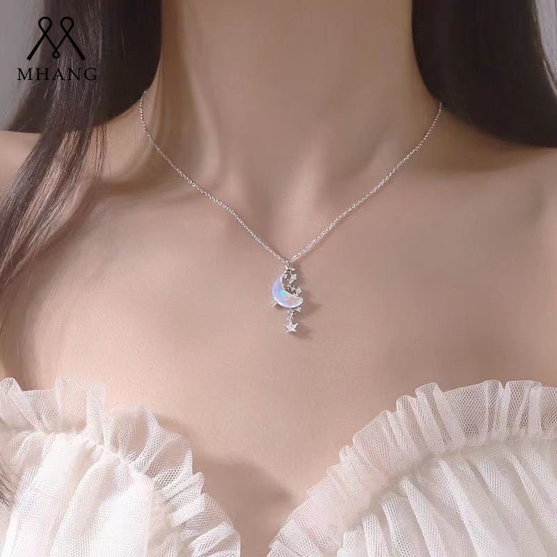 Kalung Rumbai Bintang Dan Bulan Batu Mengkilap Warna-Warni Antik Mewah Bertatahkan Berlian Perak Starry Necklace Hadiah Ulang Tahun Sahabat Terbaik