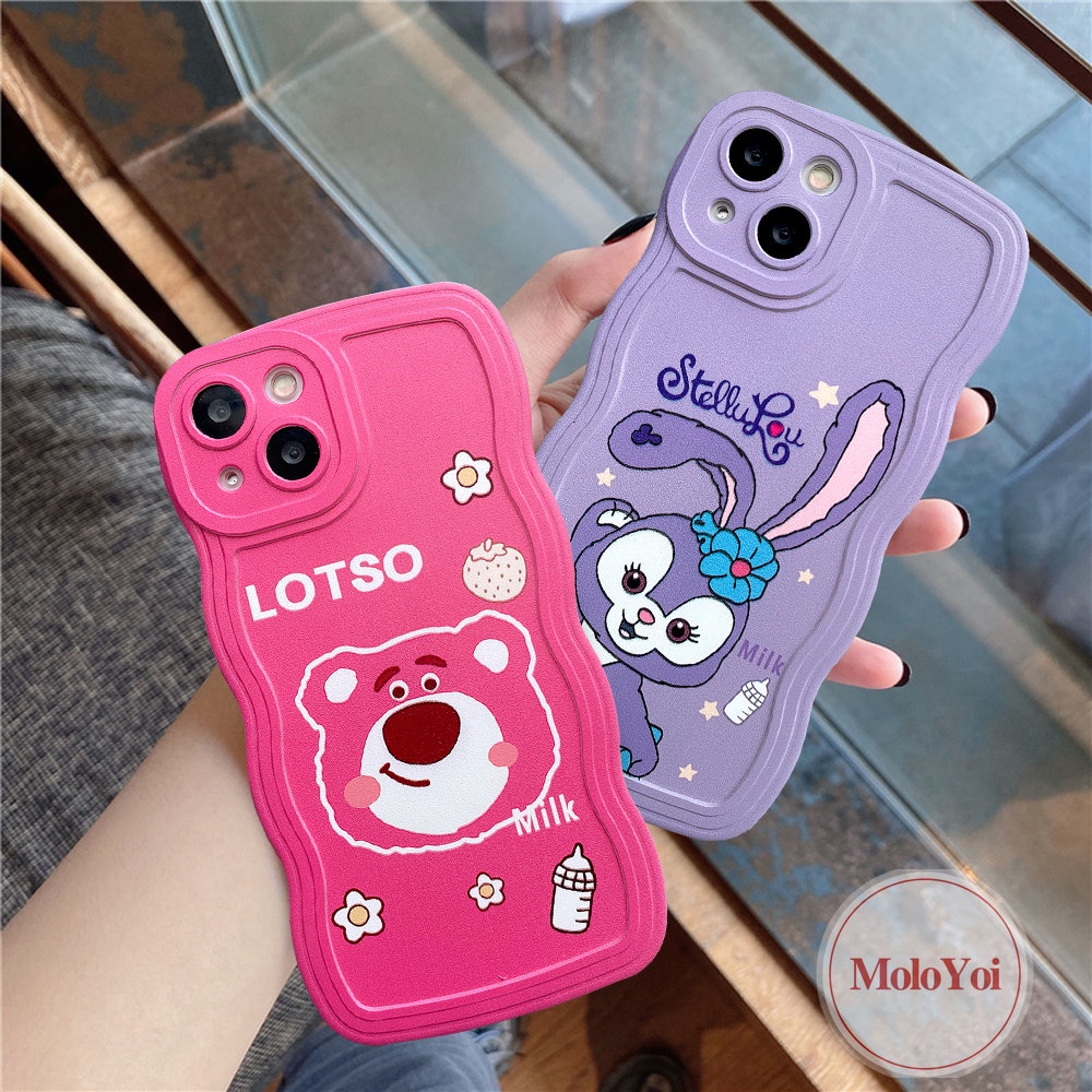 IPHONE Casing Beruang Strawberry Kartun Lucu Kompatibel Untuk Iphone6 6s 78 Plus 11 14 12 13 Pro Max XR 14 Plus X XS Max Se2020 Lovely StellaLou Wavy Edge Soft Phone Cover