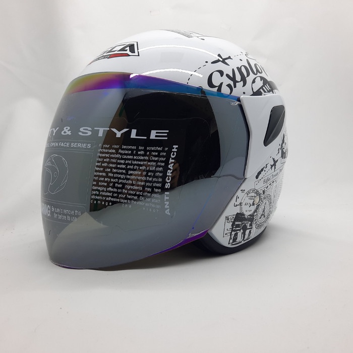 Helm Asca Half Face Strike Corak News Kaca Pelangi