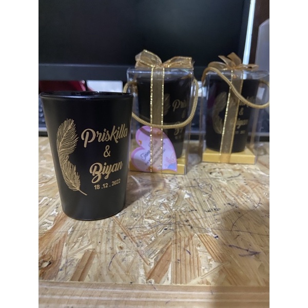 souvenir Pernikahan gelas sablon murah gelas jamu hitam plus kemas box mika