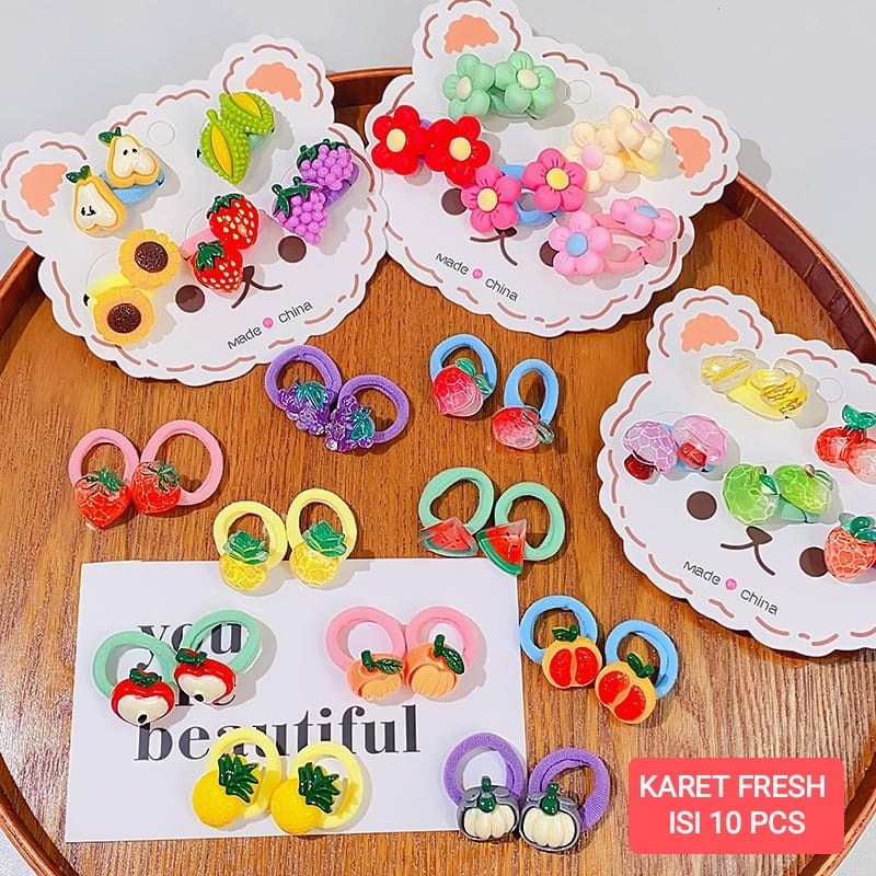 KARET RAMBUT FRESH ISI 10 PCS AKSESORIS FASHION IKAT RAMBUT ANAK LUCU MOTIF BUNGA BUAH