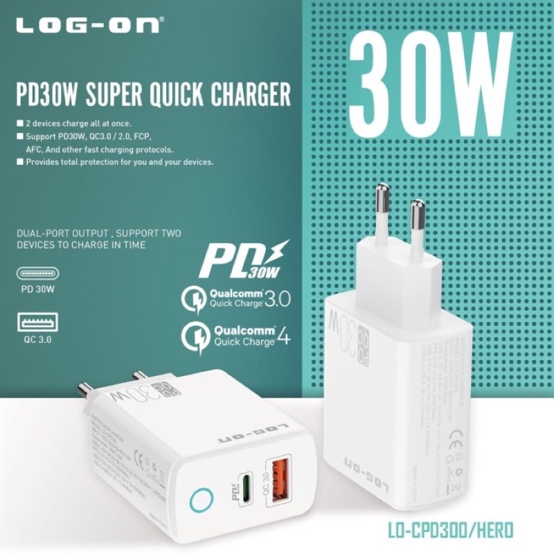 Batok Adaptor Charger Log on 30W PD Super Quick Charge Fast Charging