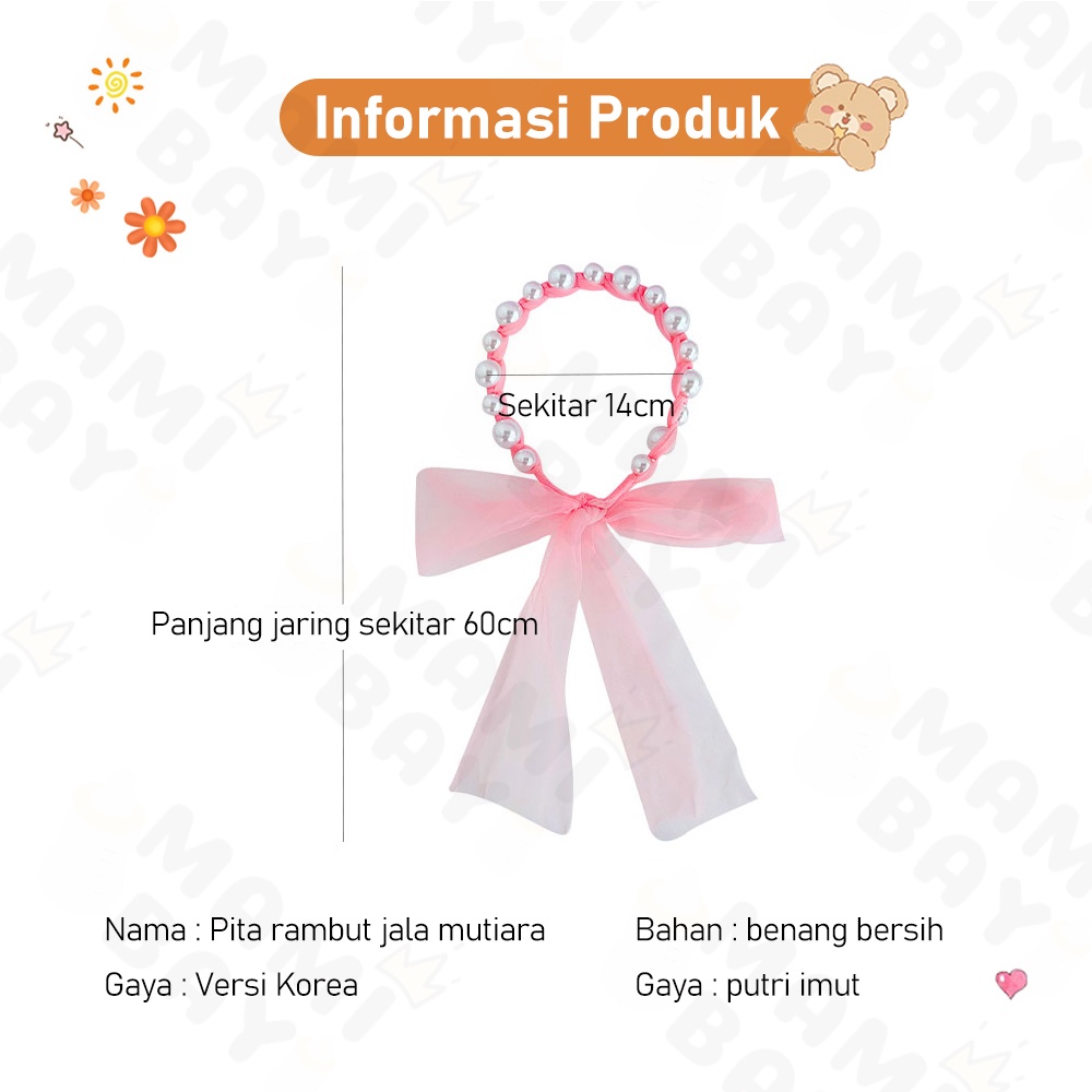 OKEYI Bando Mutiara Korea Pita Tulle Panjang Bisa diikat Bandana Anak Perempuan Fashion