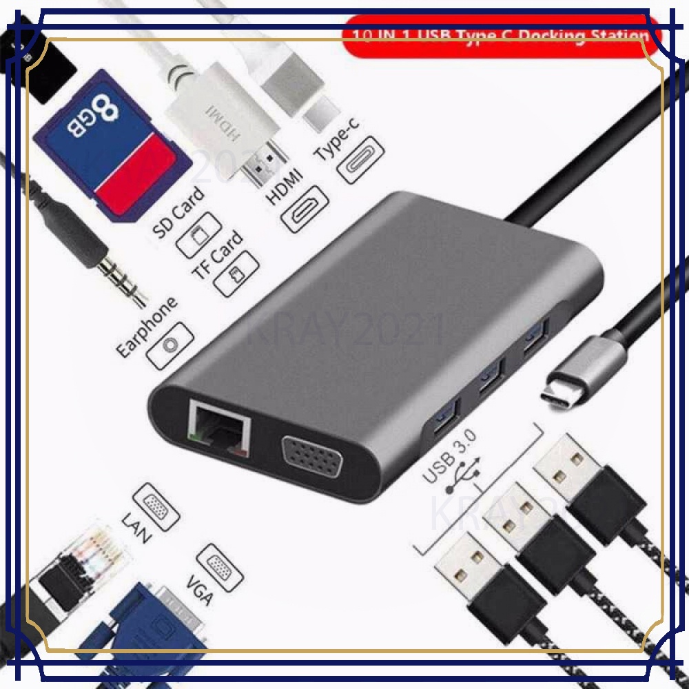 USB Type C Hub 10in1 HDMI+VGA+USB 3.0+RJ45+Card Reader -HB908