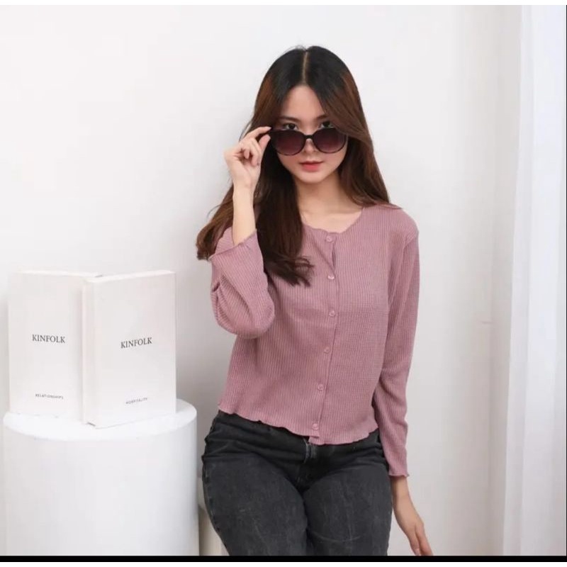 waffle crop top cardigan/wafel criwil/cardigan rajut wanita/atasan wanita/kaos lengan panjang wanita