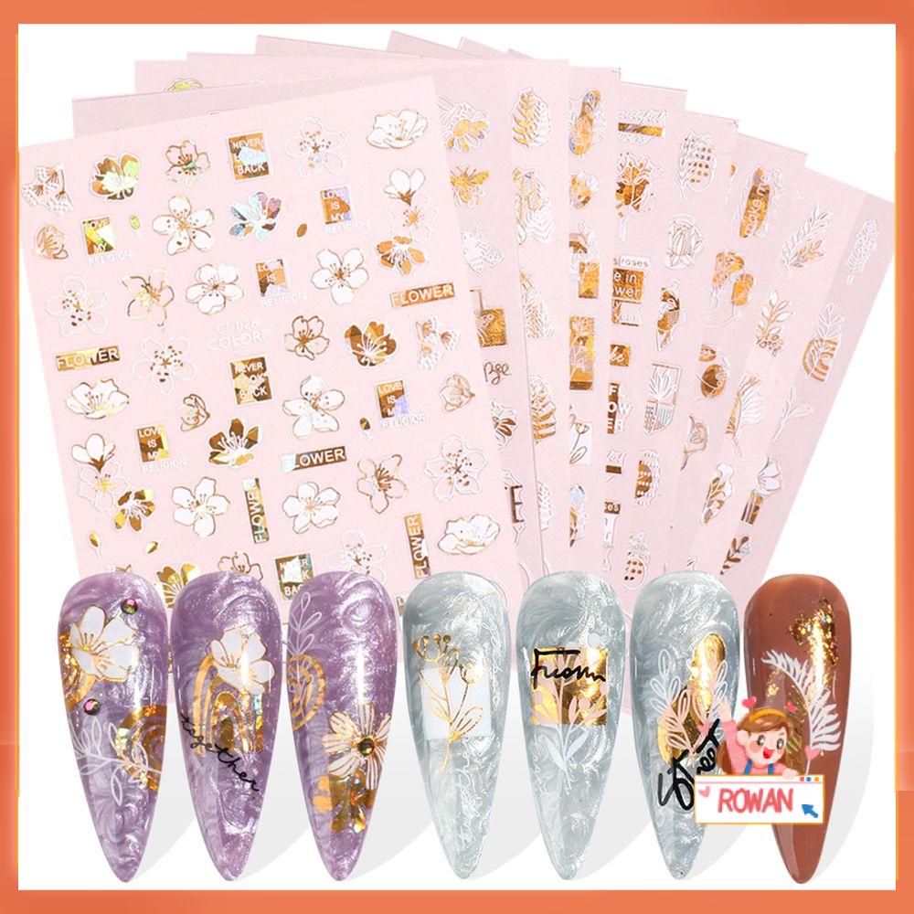 R-flower Nail Art Stickers Perekat Decals Desain Wajah Abstrak Bunga Daun Emas Putih