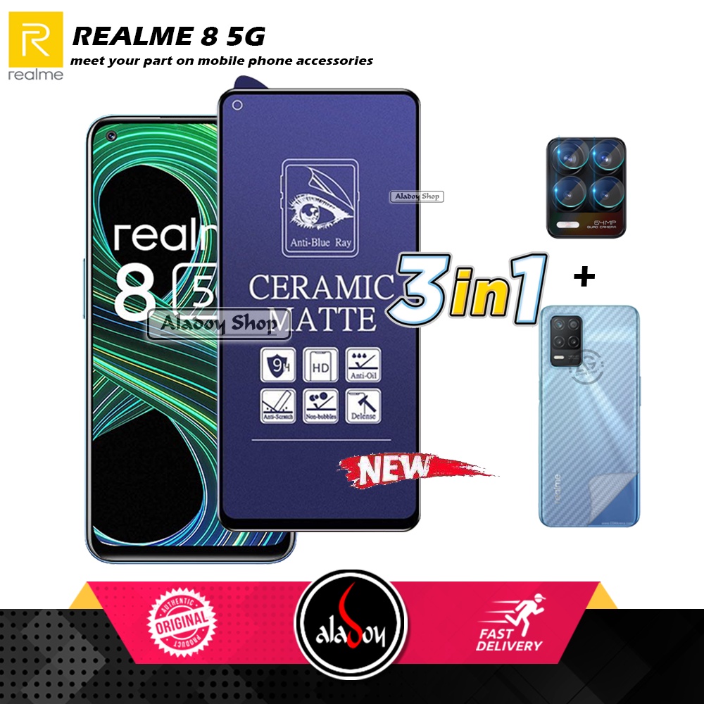 PAKET 3IN1 Anti Gores Blue Matte Anti Glare Realme 8 5G + Tempered Glass Camera dan Skin Carbon