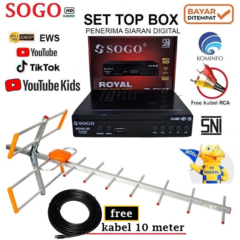 Set Top Box NAGOYA SOGO DVBT2 Digital Full HD Free Antena Digital UHF+Kabel 10 Meter