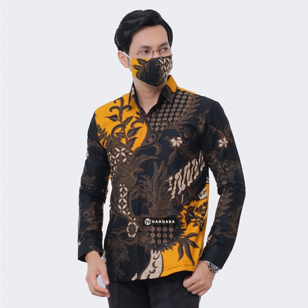 Baju Kemeja Batik Pria Lengan Panjang Slim Fit Premium Modern Full Furing Katun Halus Original Handara Motif Peksi Kuning Ireng HB-256