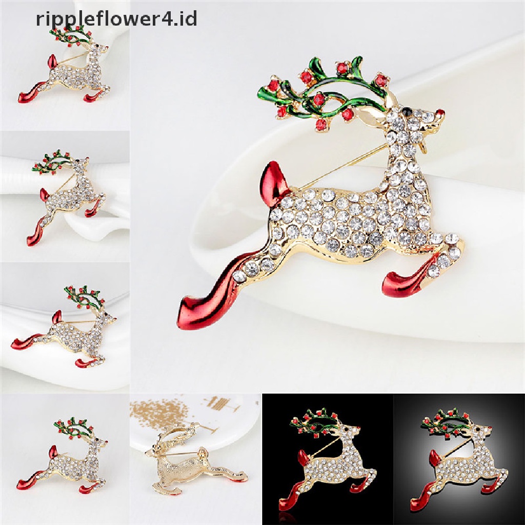 {rippleflower4.id} 1x Berlian Imitasi Baru Kristal Natal Rusa Bros Pin Bros Xmas Hadiah Nada Emas~