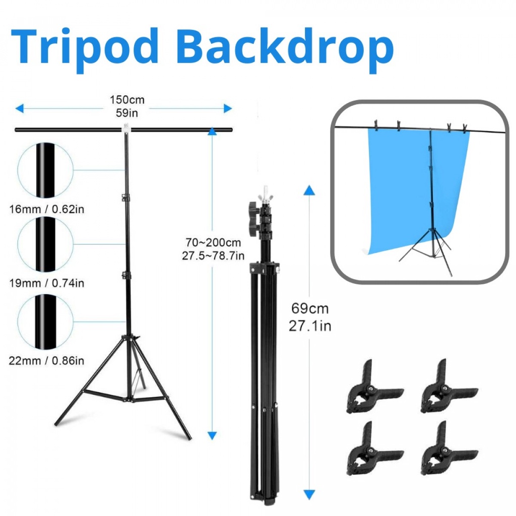 Tripod T Bracket Backdrop Taffstudio 150x200cm with 4 Clamp